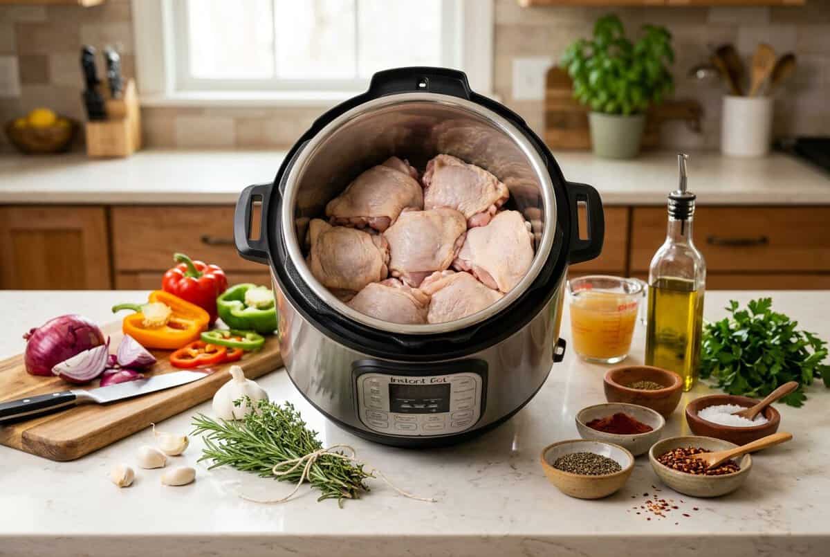 Raw chicken thighs in an Instant Pot surrounded by fresh herbs, garlic, spices, and vegetables on a kitchen countertop.
