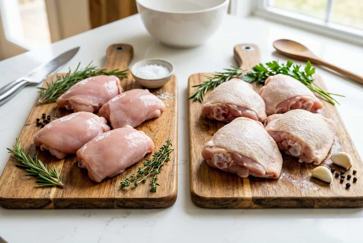 Two wooden cutting boards on a kitchen counter, one with boneless chicken thighs and the other with bone-in chicken thighs, surrounded by herbs and garlic.
