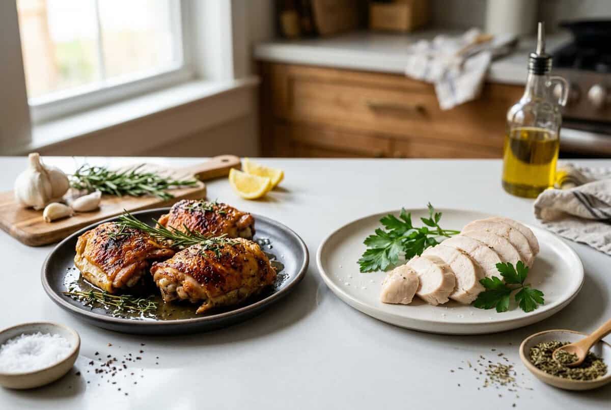 Two plates on a kitchen countertop showing cooked chicken thighs on one and sliced chicken breast on the other, surrounded by fresh herbs and ingredients.