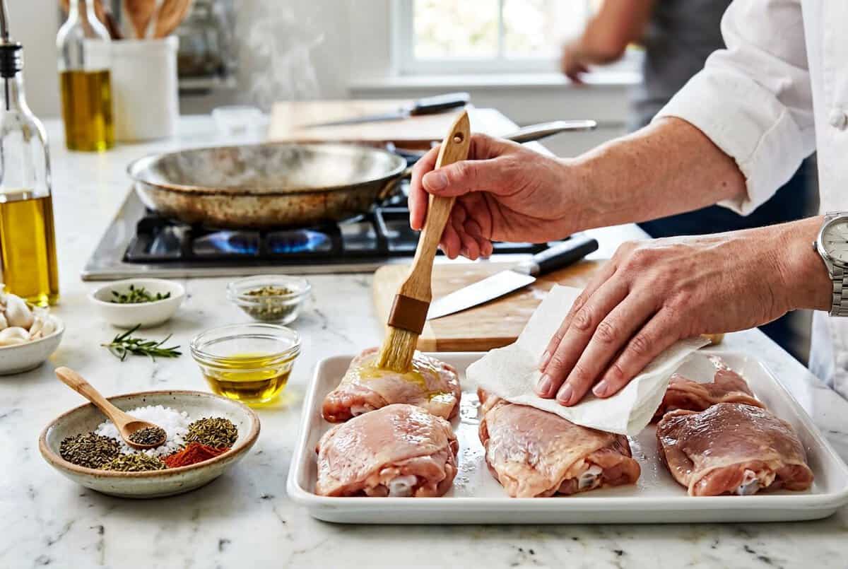 Close-up of skinless chicken thighs being patted dry and seasoned on a kitchen countertop with a skillet heating in the background.