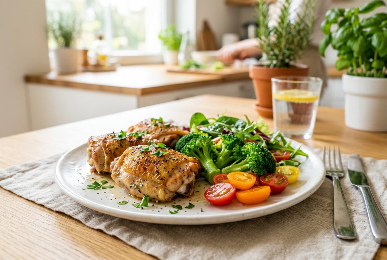 A plate of cooked chicken thighs with fresh vegetables on a table in a bright kitchen.