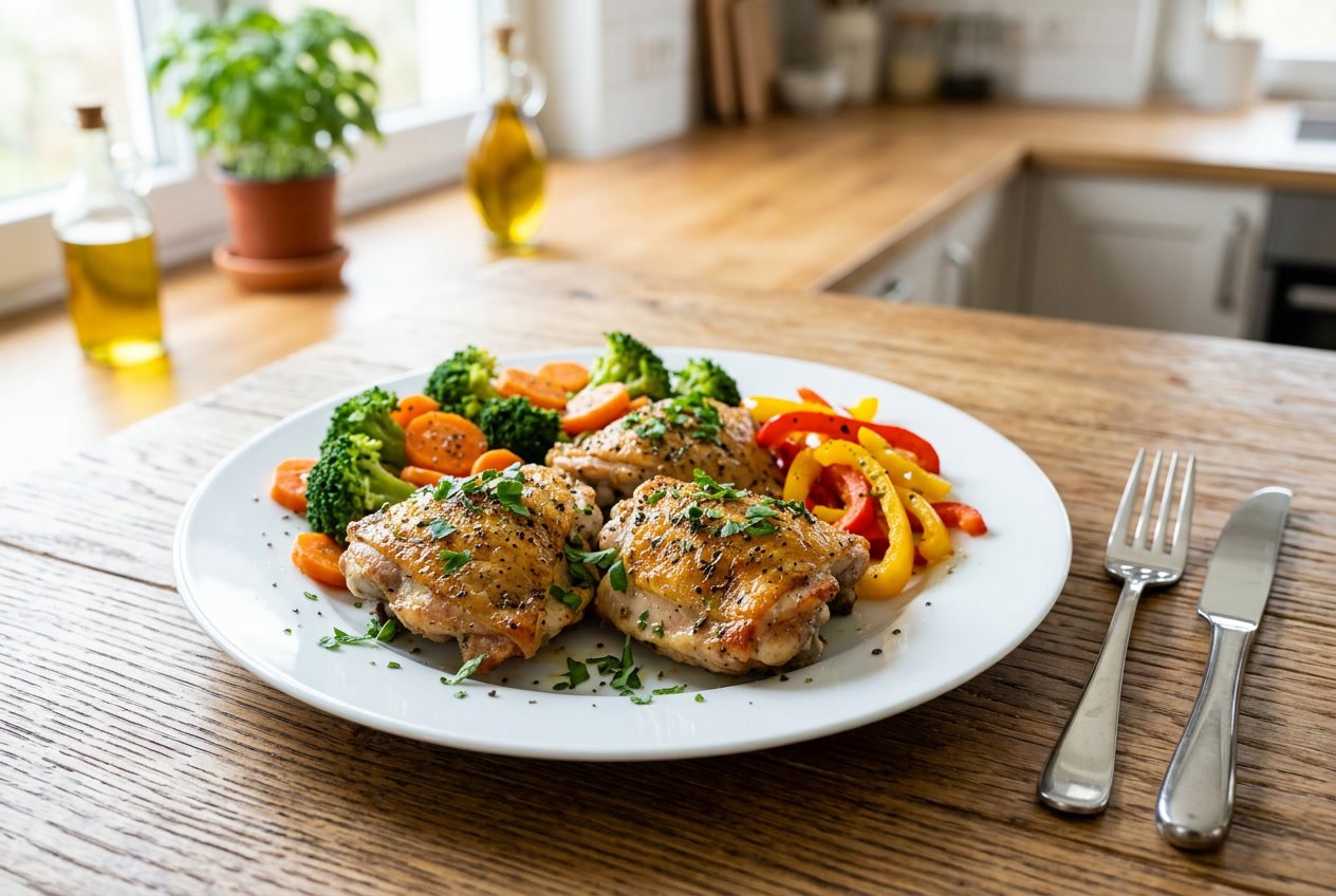 A plate with cooked chicken thighs and steamed vegetables on a wooden table in a bright kitchen.