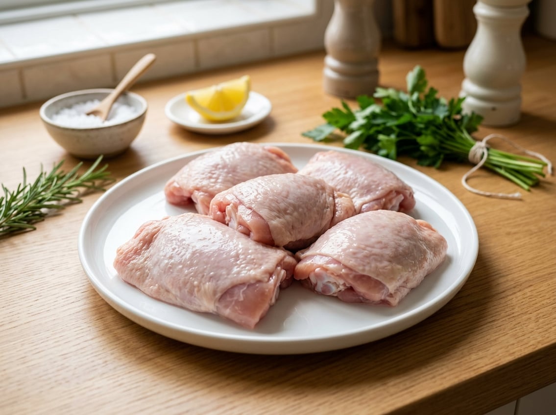 Fresh raw chicken thighs on a white plate on a wooden countertop with herbs and lemon in the background.