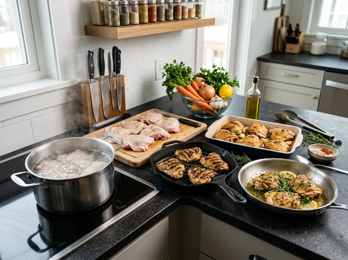 Raw chicken thighs on a kitchen counter next to a pot of boiling water and dishes showing grilled, roasted, and sautéed chicken thighs.