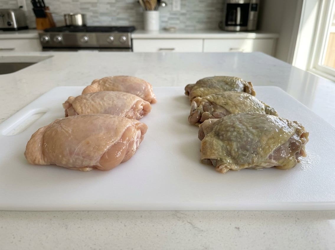 Fresh and spoiled chicken thighs placed side by side on a white cutting board in a kitchen.
