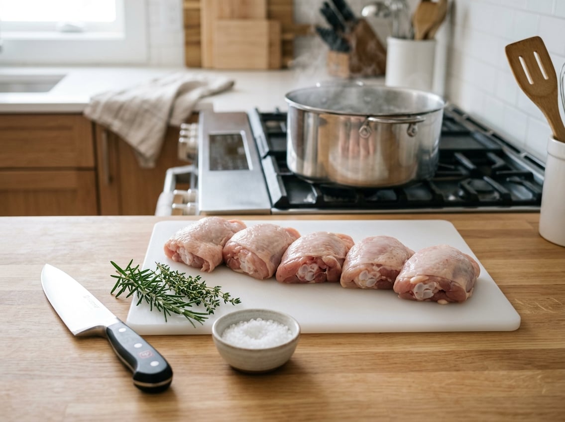 Close-up of fresh raw chicken thighs on a cutting board with herbs and a pot boiling on the stove in a kitchen.