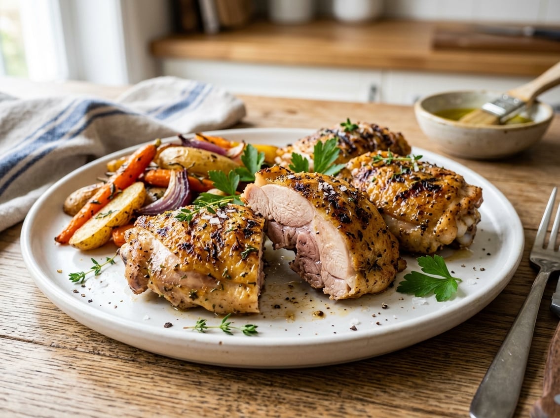 Cooked chicken thighs with golden brown crispy skin served on a white plate with fresh herbs and roasted vegetables.