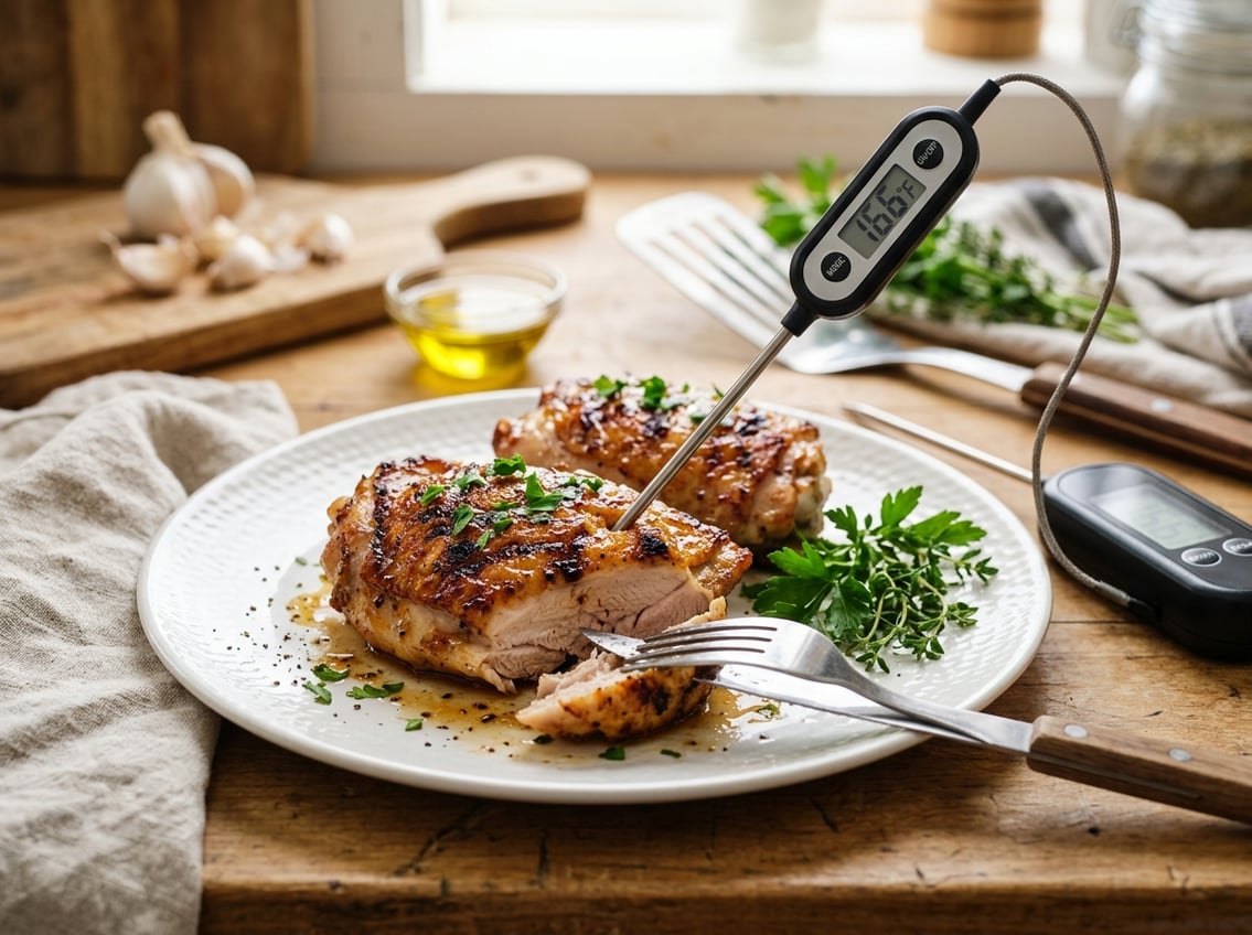 Cooked chicken thighs on a plate with a digital food thermometer inserted to check temperature.