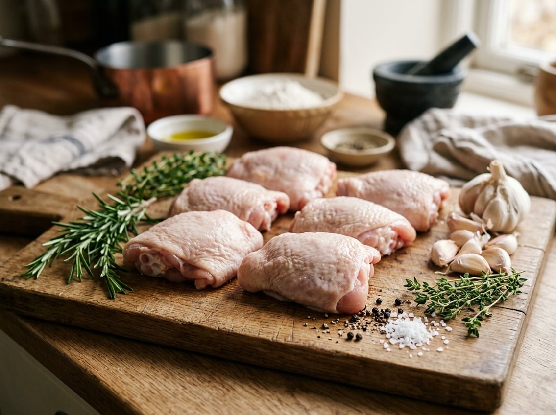 Raw chicken thighs on a wooden cutting board surrounded by garlic, herbs, salt, and pepper in a kitchen setting.