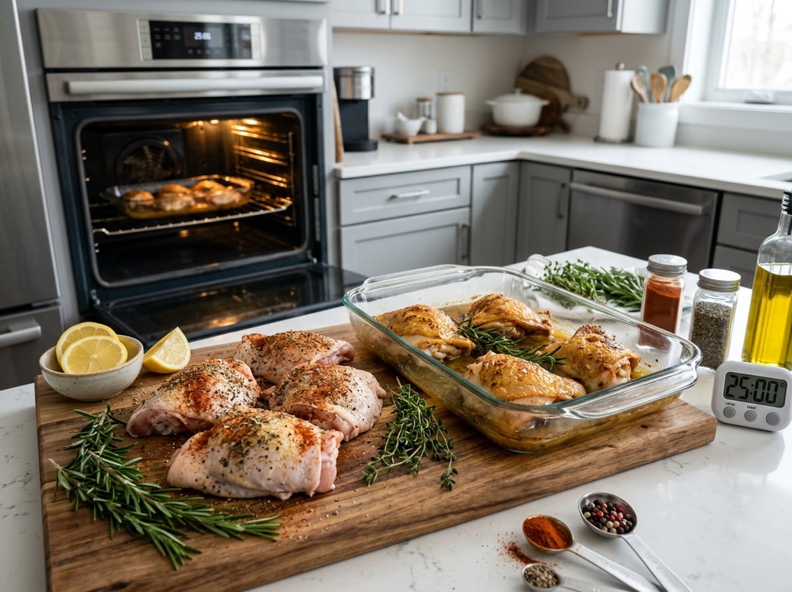 Close-up of raw and cooked chicken thighs on a cutting board and in a baking dish in a kitchen, with herbs, spices, and a digital timer nearby.