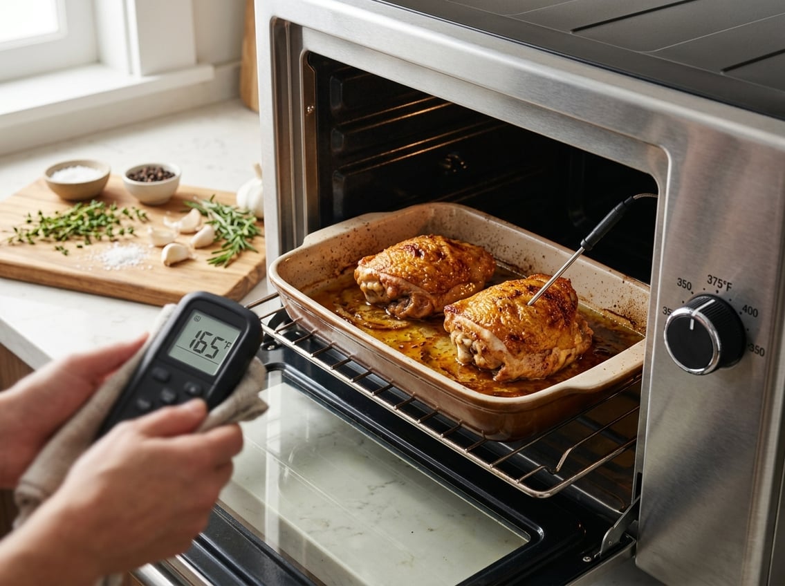Close-up of chicken thighs cooking in an oven with a meat thermometer inserted, showing the oven temperature dial and kitchen countertop with herbs nearby.
