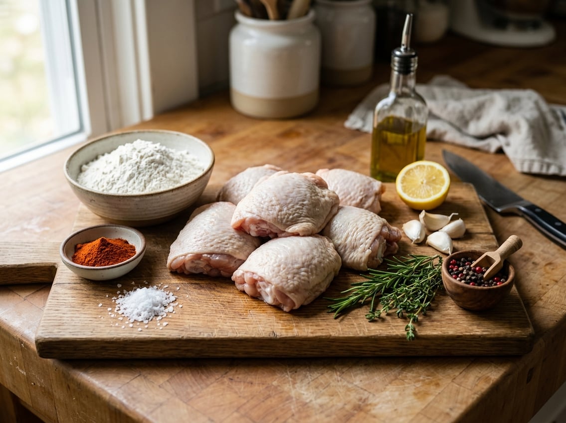 Raw chicken thighs on a wooden cutting board surrounded by garlic, herbs, spices, and bowls of flour and paprika in a kitchen setting.