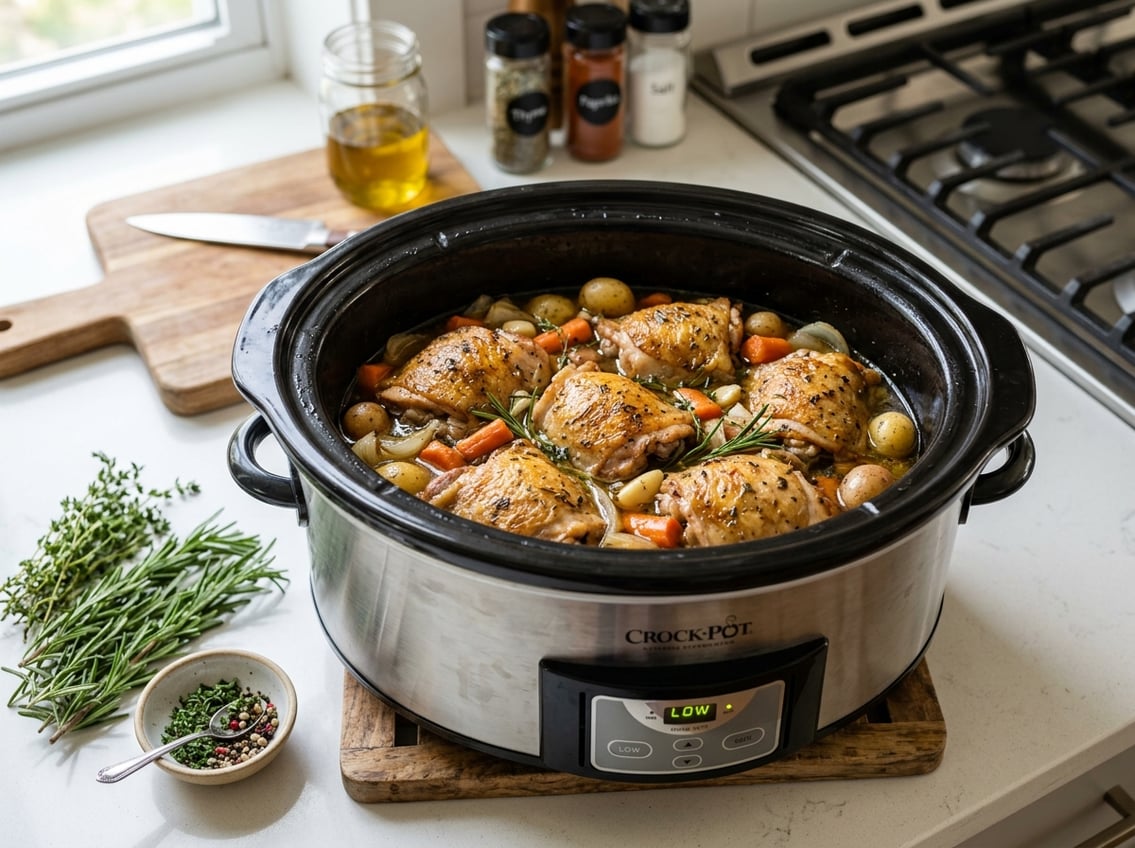 Slow cooker filled with cooked chicken thighs and vegetables on a kitchen countertop with herbs nearby.