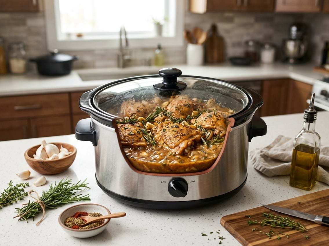 Slow cooker with seasoned chicken thighs cooking on a kitchen countertop surrounded by fresh herbs and spices.