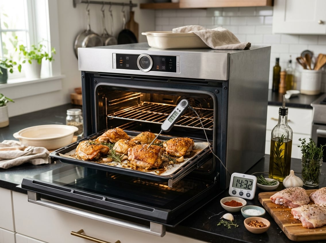 Close-up of an open oven with golden-brown chicken thighs baking inside, surrounded by kitchen utensils and fresh herbs.