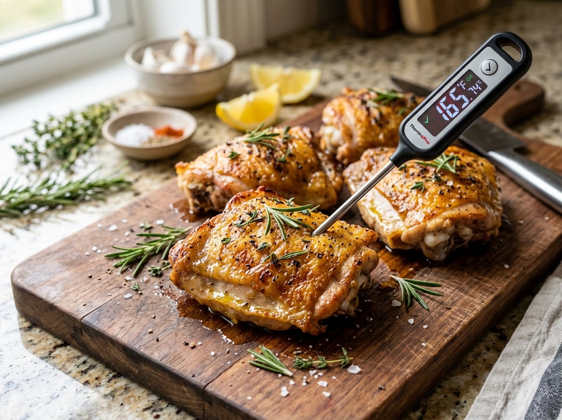 Close-up of cooked chicken thighs on a cutting board with a meat thermometer showing safe internal temperature, surrounded by fresh herbs and ingredients.