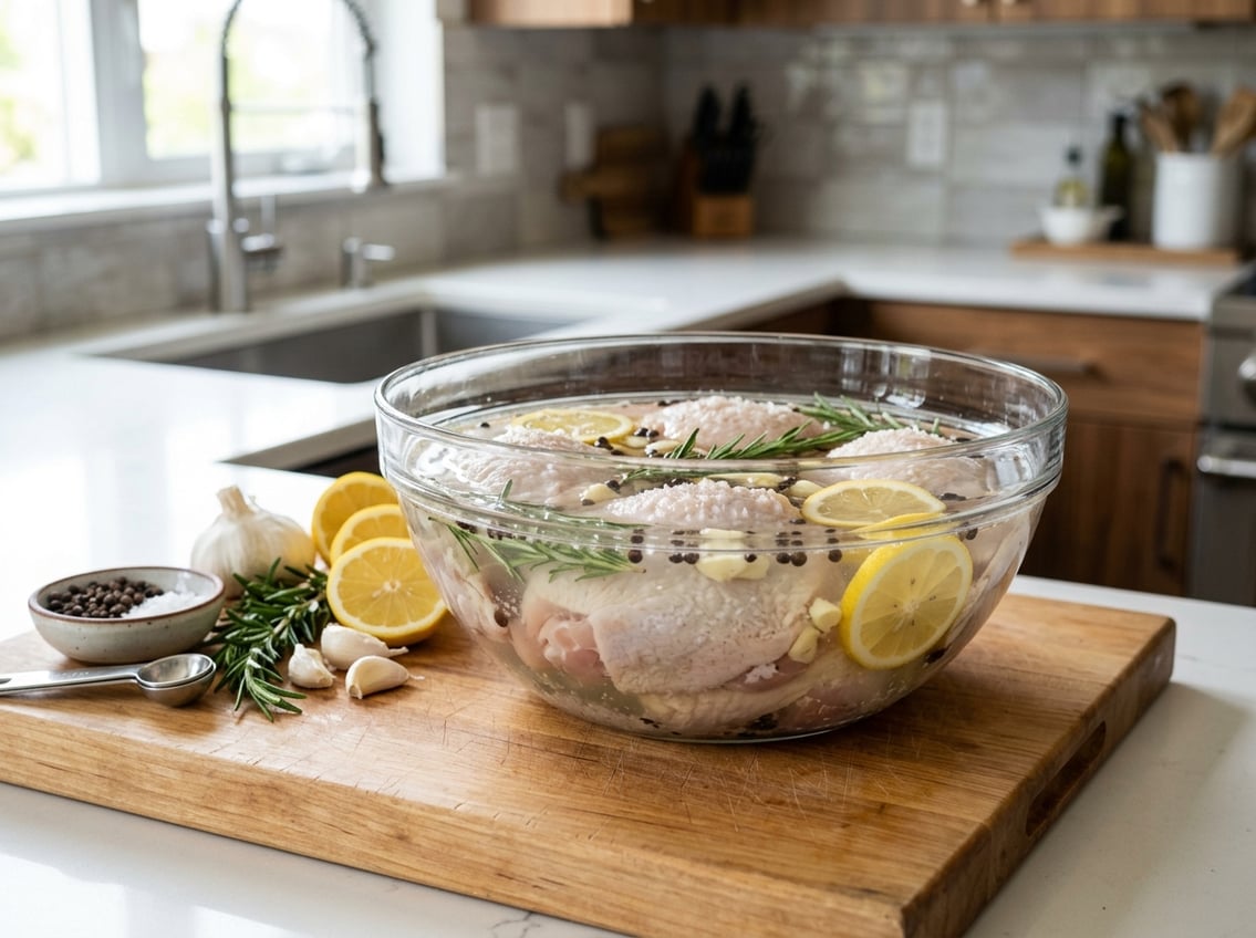 Raw chicken thighs submerged in a glass bowl of brine with fresh herbs and lemon slices nearby on a kitchen countertop.