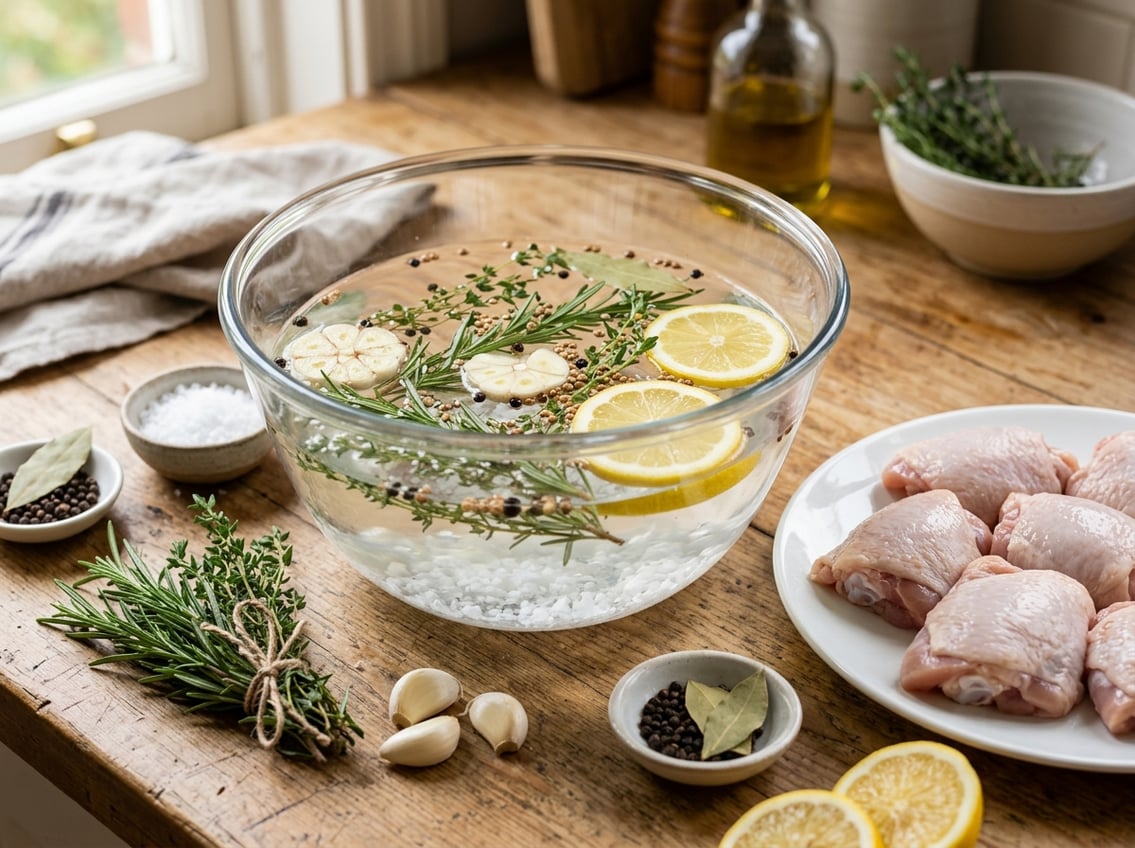 A bowl of water with salt, herbs, garlic, peppercorns, and lemon slices next to raw chicken thighs on a kitchen countertop.