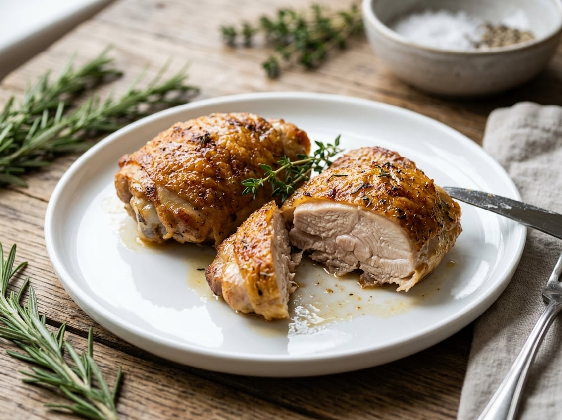 Cooked chicken thighs on a white plate with one piece cut open to show tender white meat inside, placed on a wooden table with fresh herbs nearby.