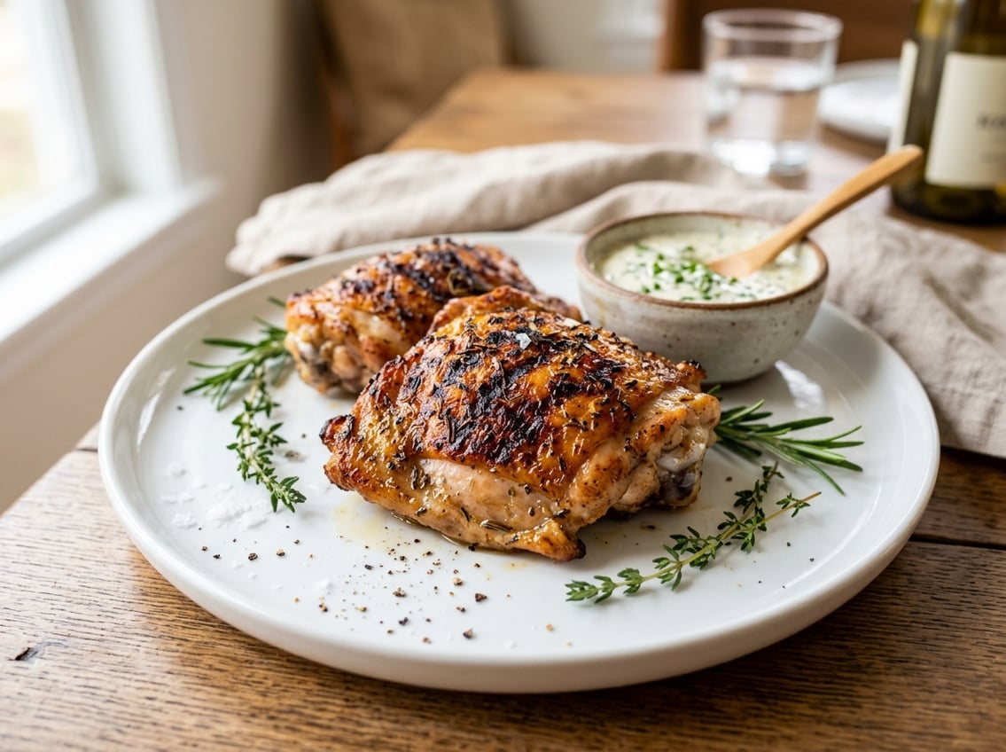 Close-up of cooked chicken thighs with golden-brown skin on a white plate, garnished with fresh herbs.