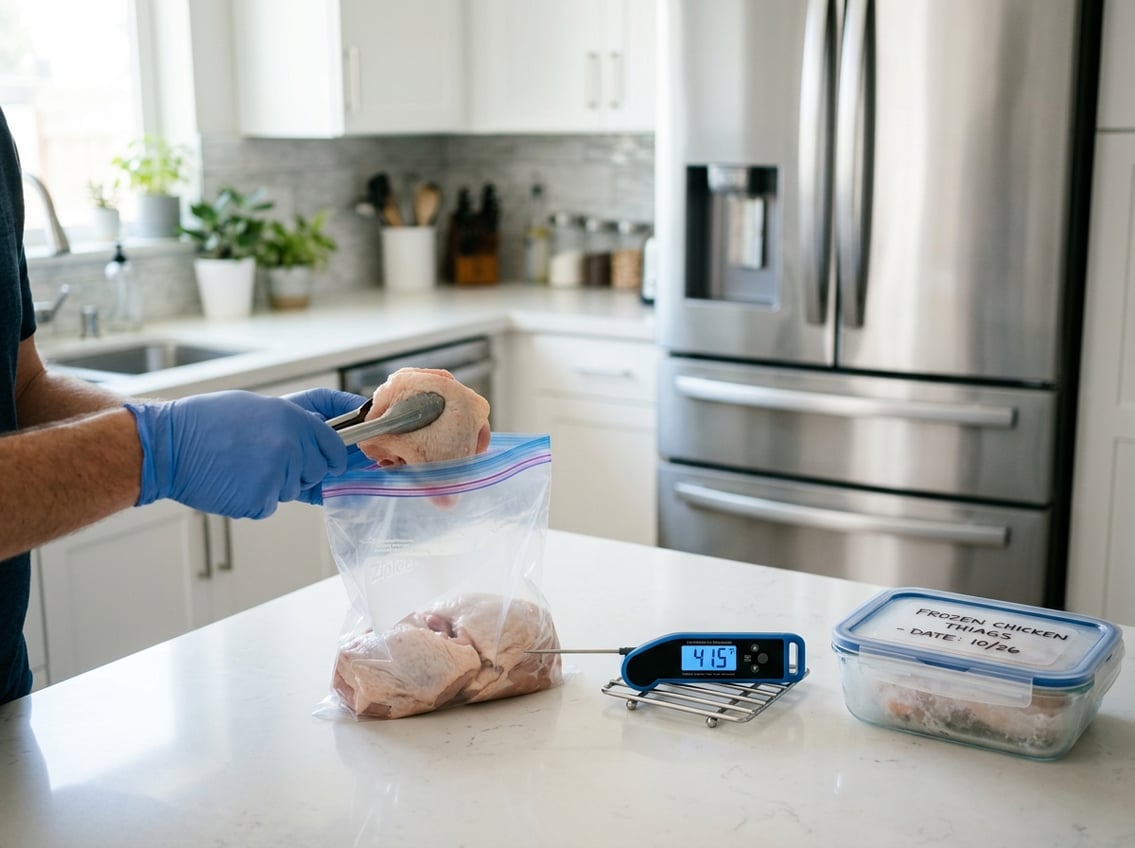 Hands wearing gloves placing raw chicken thighs into a freezer bag on a kitchen countertop with a freezer and frozen chicken container nearby.