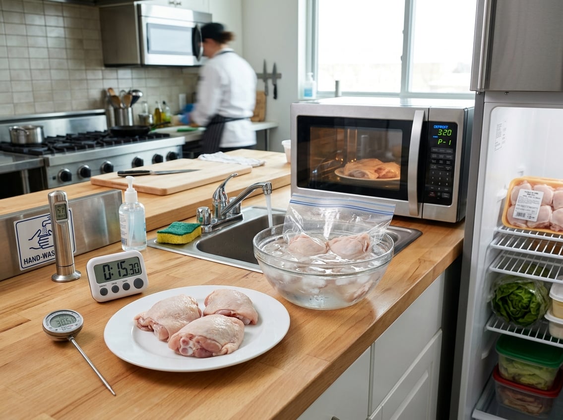 Raw chicken thighs on a plate with different thawing methods shown: a plastic bag in cold water, a microwave, and a refrigerator shelf, along with a kitchen timer and thermometer.