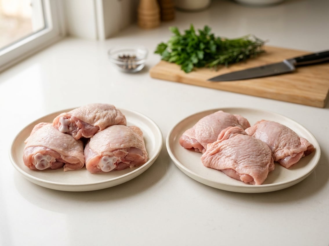 Two plates on a kitchen countertop, one with raw bone-in chicken thighs and the other with raw boneless chicken thighs, with kitchen tools blurred in the background.