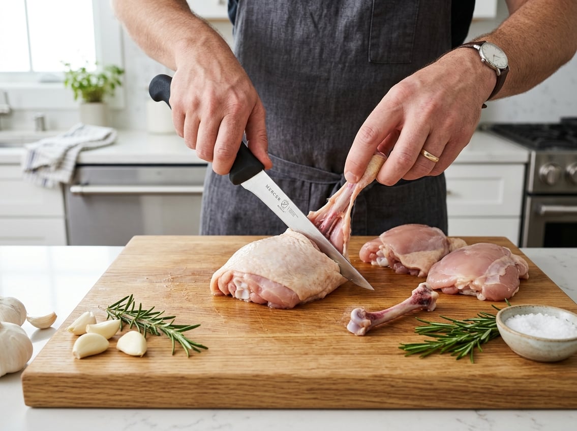 Hands deboning raw chicken thighs on a wooden cutting board in a bright kitchen with fresh ingredients nearby.