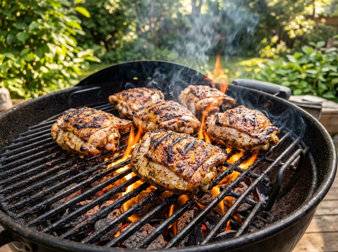 Juicy chicken thighs cooking on a barbecue grill with grill marks and smoke rising.