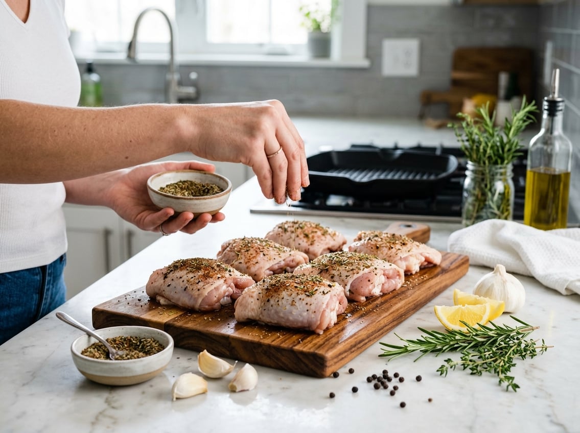 Hands seasoning raw chicken thighs on a kitchen countertop surrounded by fresh herbs and lemon wedges.
