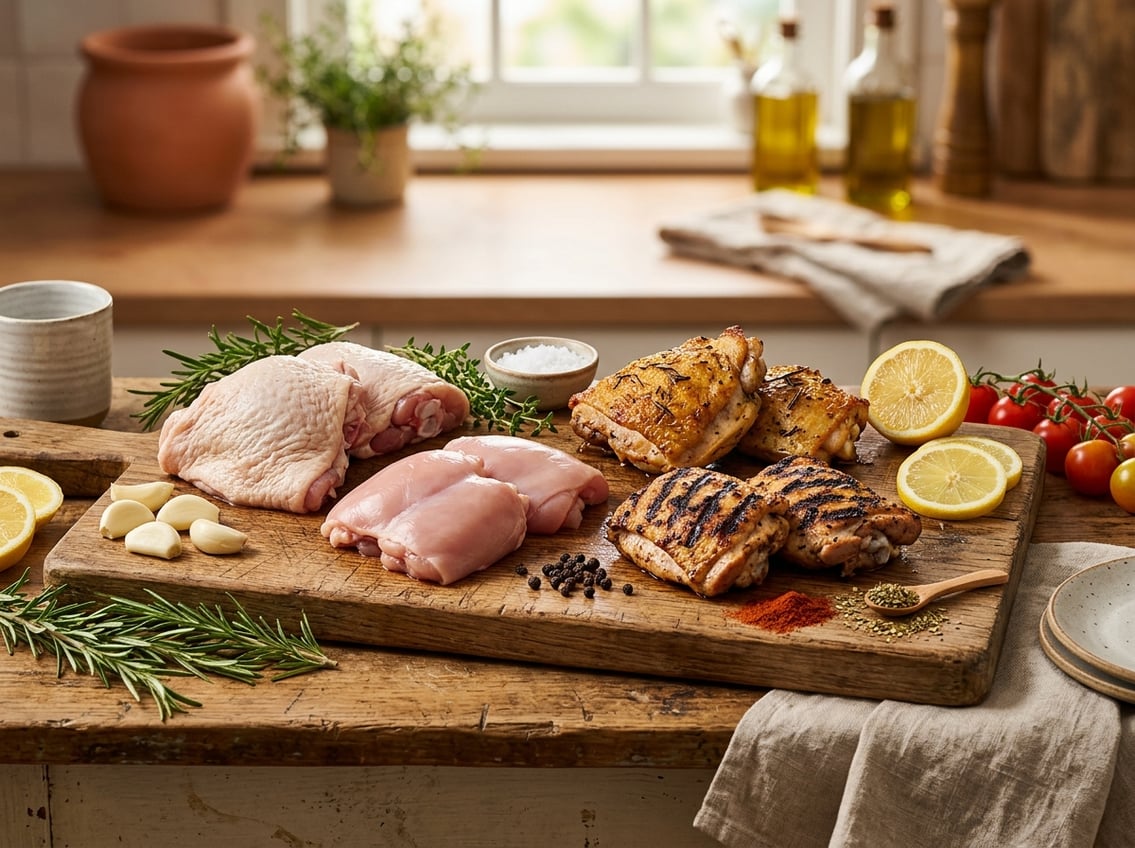 An assortment of raw and cooked chicken thighs displayed with fresh herbs, spices, garlic, and lemon on a wooden cutting board in a kitchen setting.