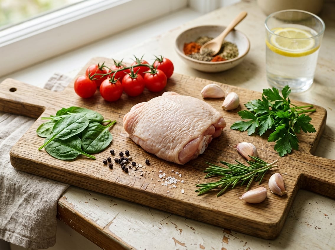Fresh raw chicken thigh on a wooden cutting board surrounded by fresh vegetables and herbs.