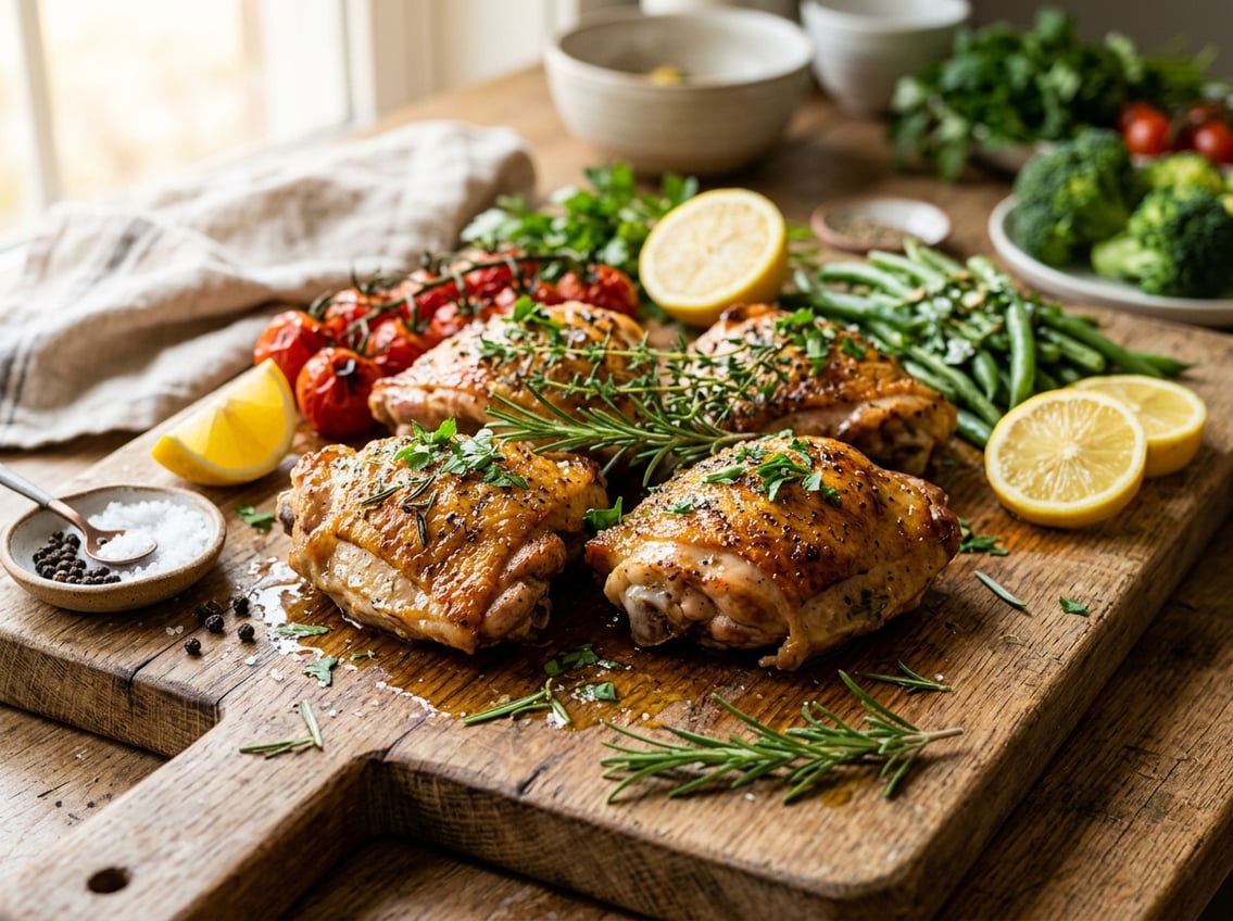 Close-up of cooked chicken thighs garnished with herbs on a wooden cutting board surrounded by fresh vegetables.