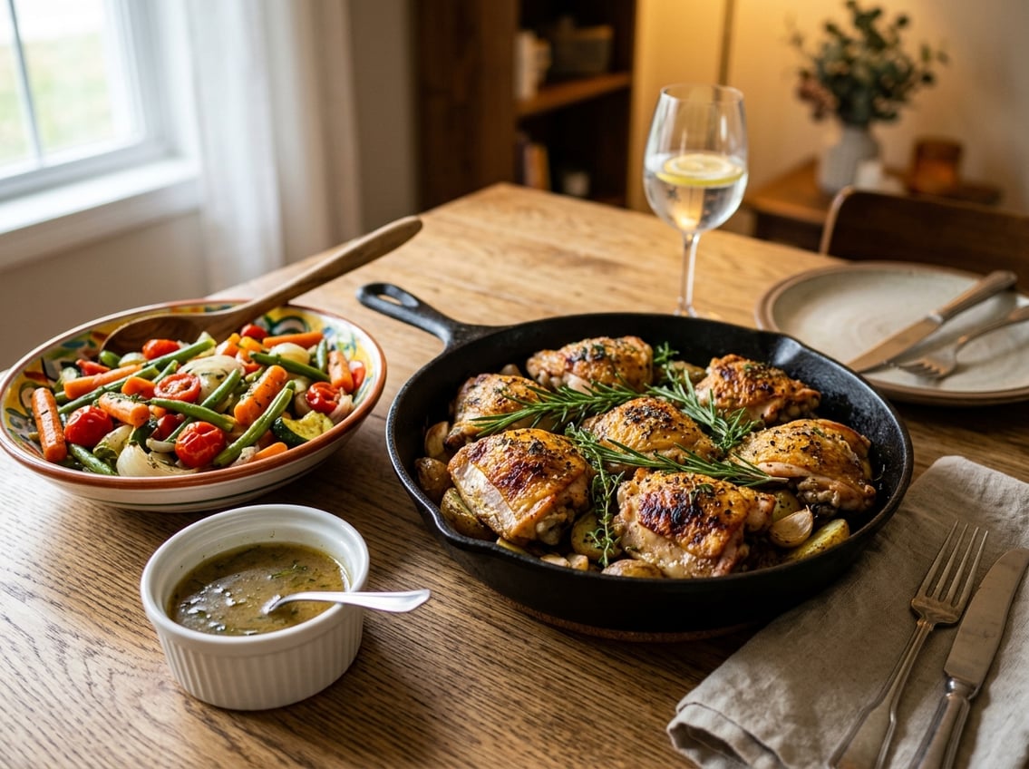 A table displaying several cooked chicken thigh dishes with fresh herbs and vegetables.