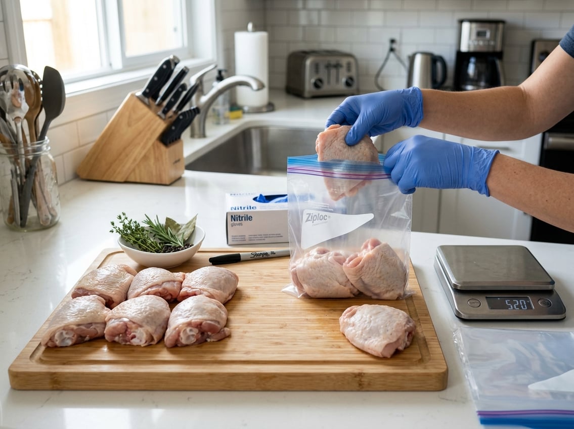 Hands placing raw chicken thighs into a resealable freezer bag on a wooden cutting board in a kitchen.