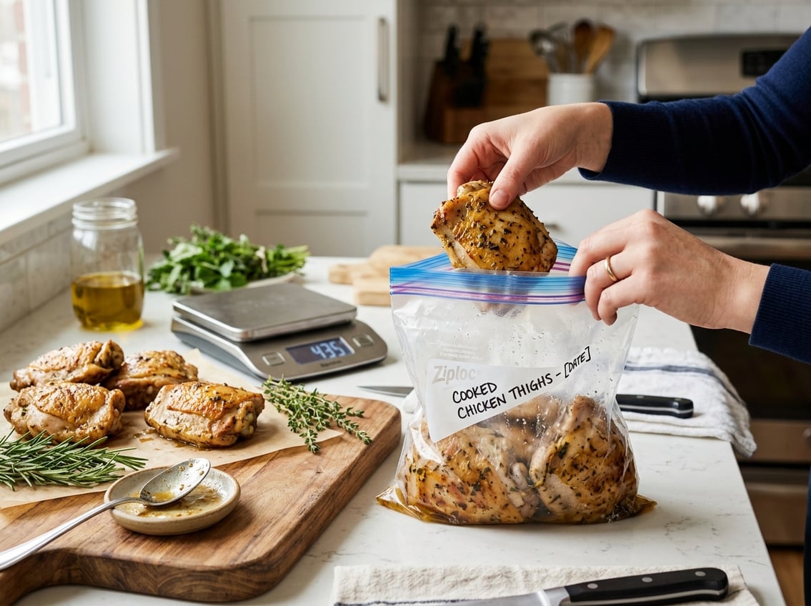 Hands placing cooked and marinated chicken thighs into a resealable freezer bag on a kitchen countertop with fresh herbs nearby.