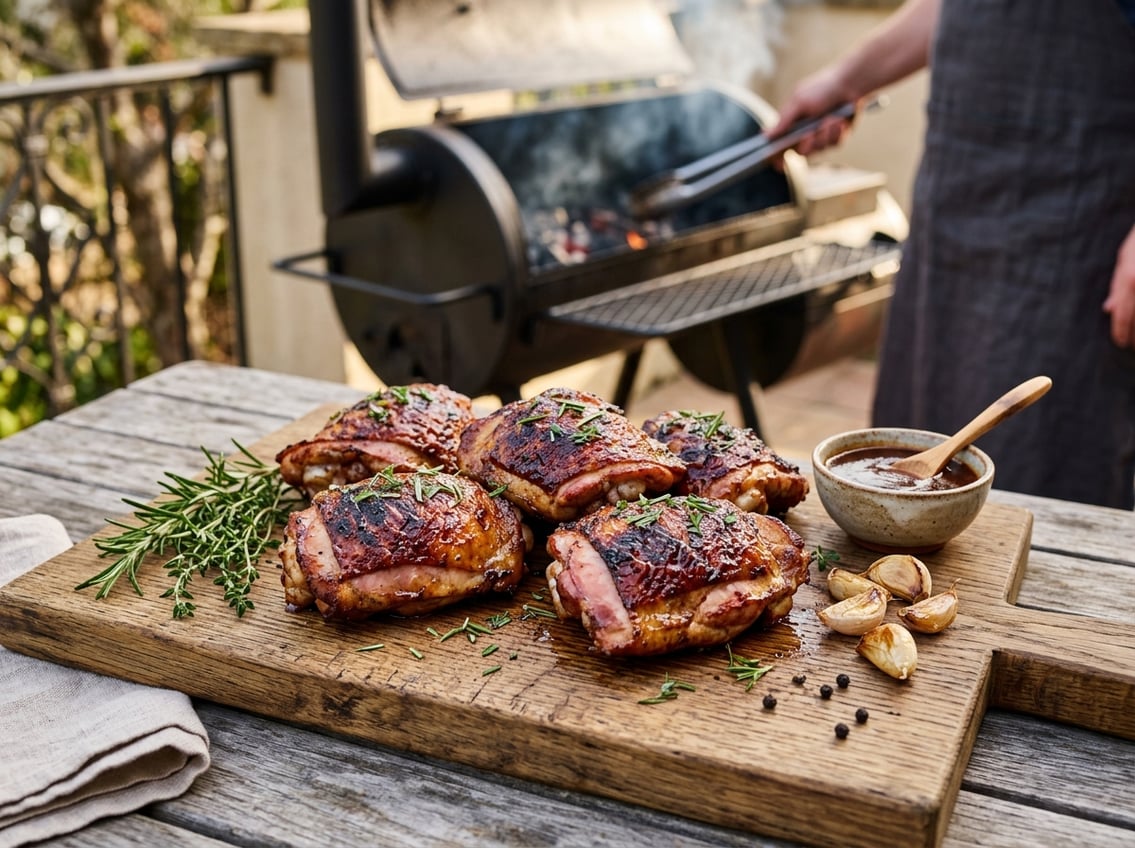 Smoked chicken thighs on a wooden cutting board with herbs and barbecue sauce, with a smoker in the background.