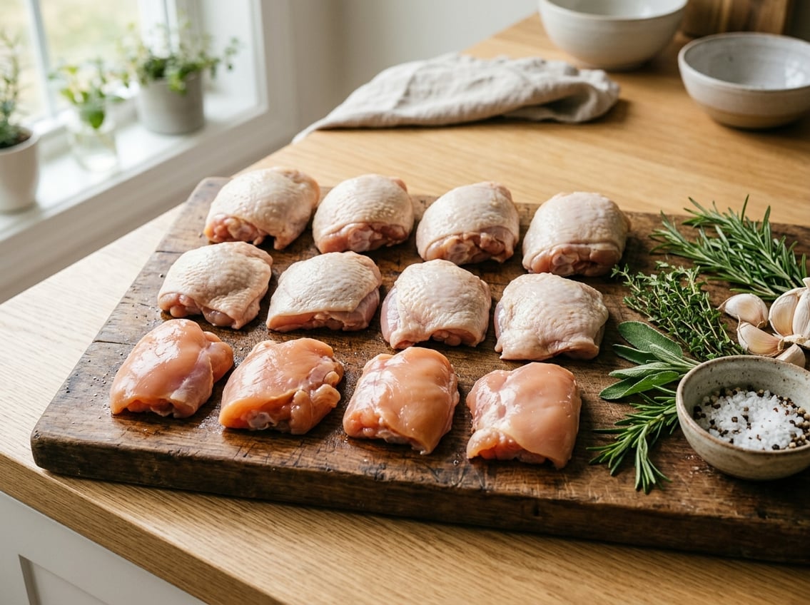 A cutting board with different types of raw chicken thighs surrounded by herbs and garlic on a kitchen countertop.