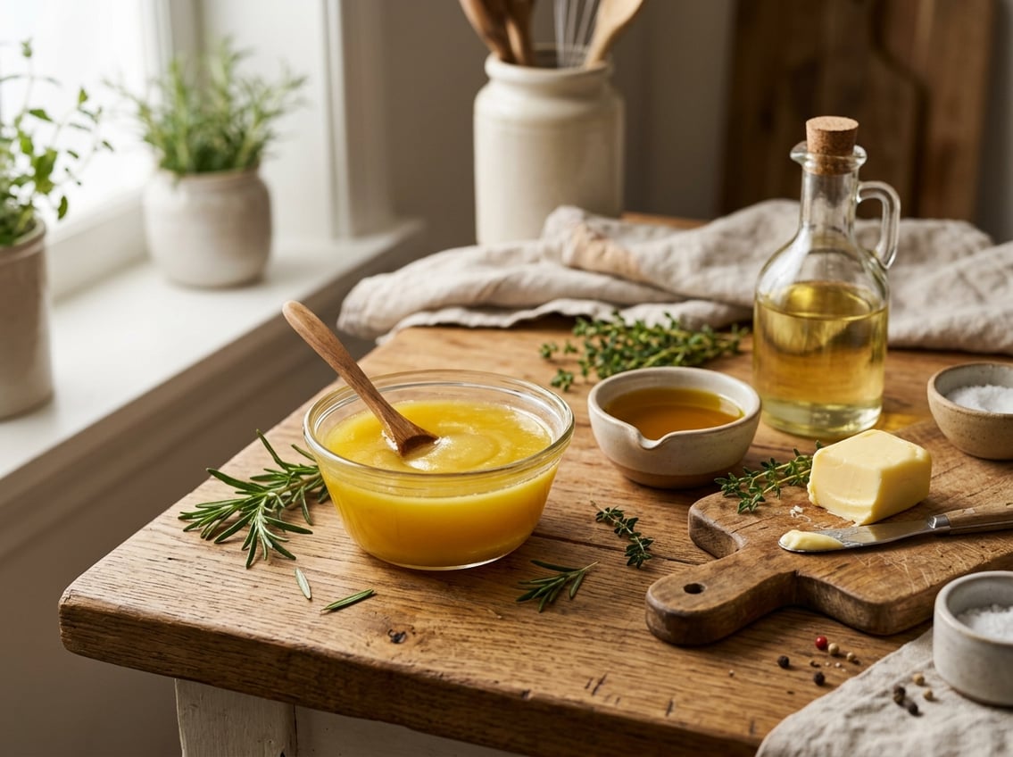 A kitchen countertop with a bowl of rendered chicken fat surrounded by olive oil, butter, vegetable oil, and fresh herbs.