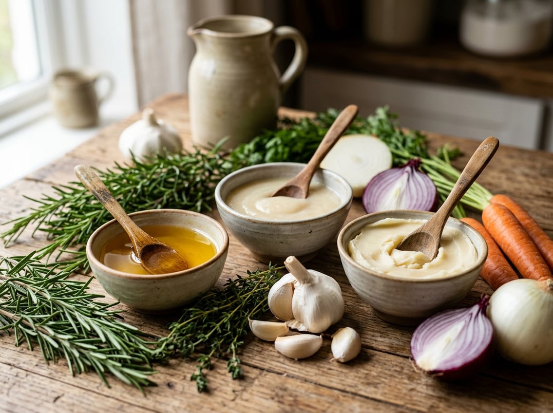 Bowls of duck fat, goose fat, and beef tallow with fresh herbs and vegetables on a wooden surface.