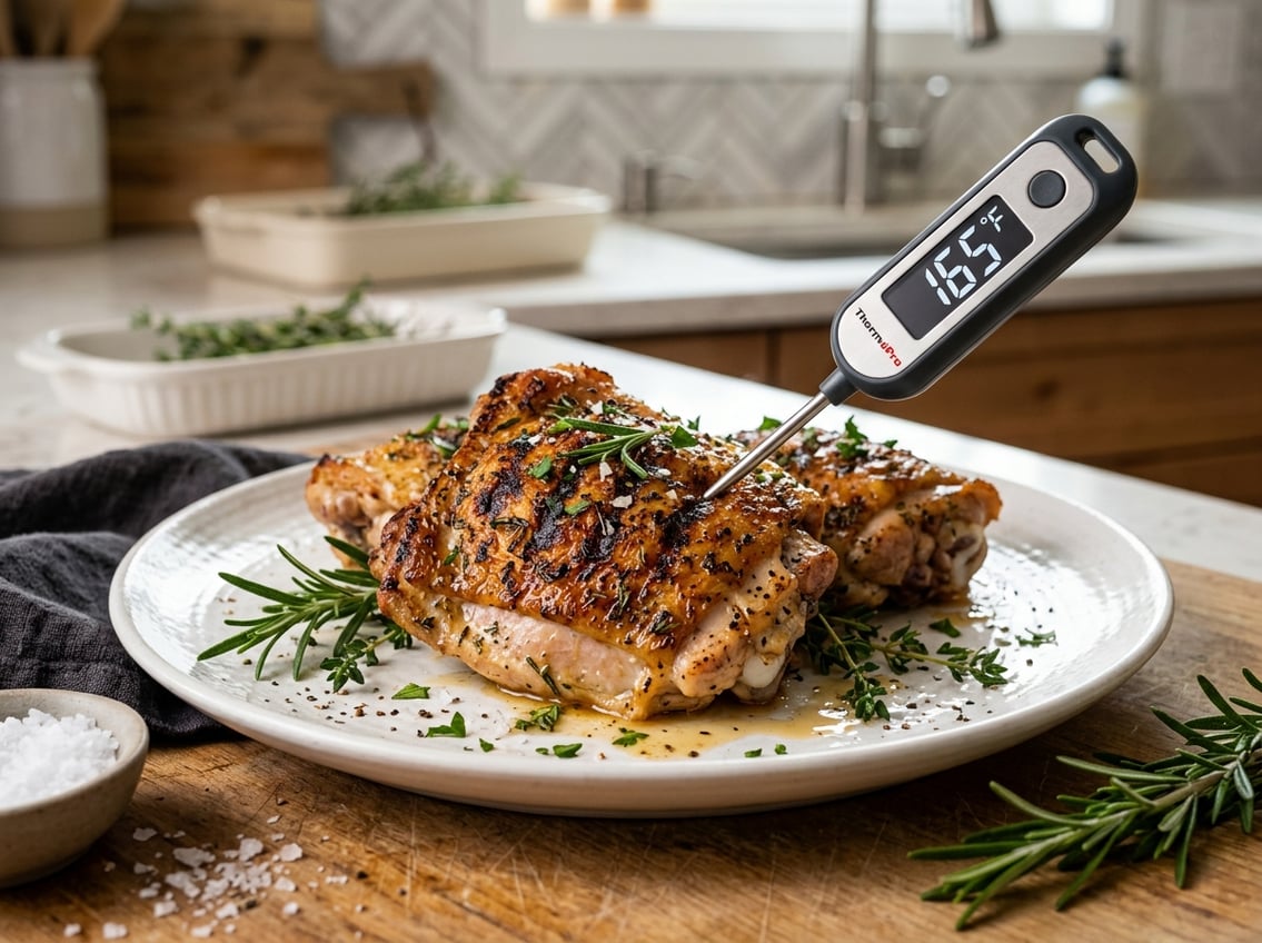Close-up of cooked chicken thighs on a plate with a meat thermometer inserted, set in a kitchen environment.