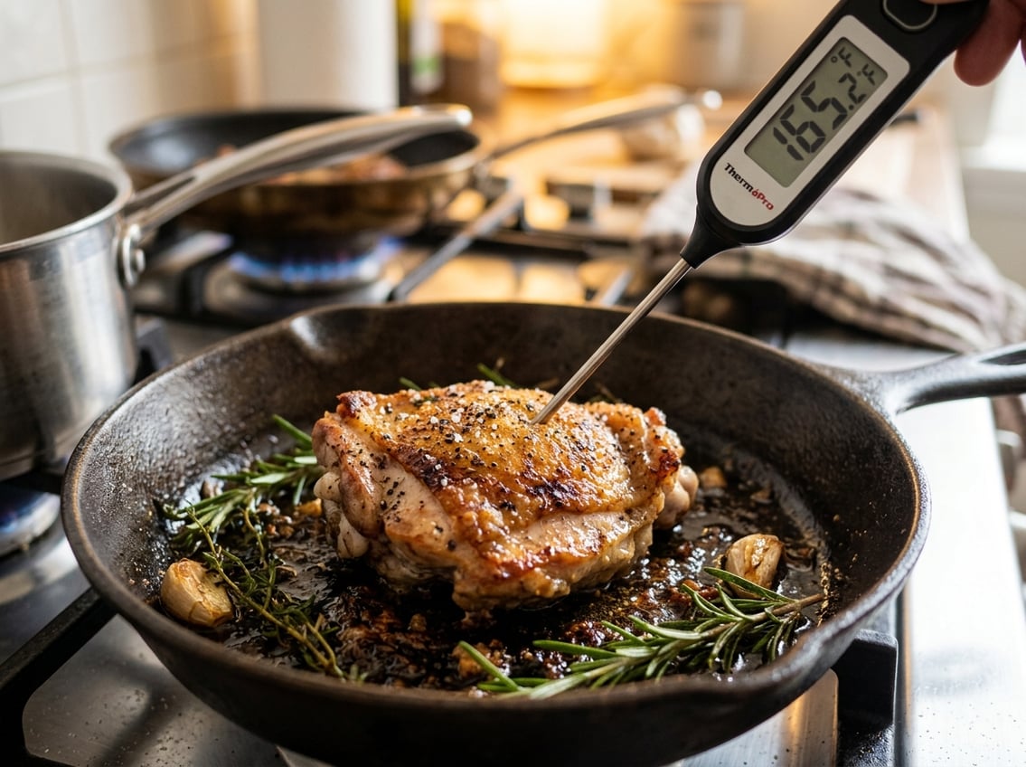Close-up of a digital food thermometer inserted into a cooked chicken thigh showing a safe temperature reading.