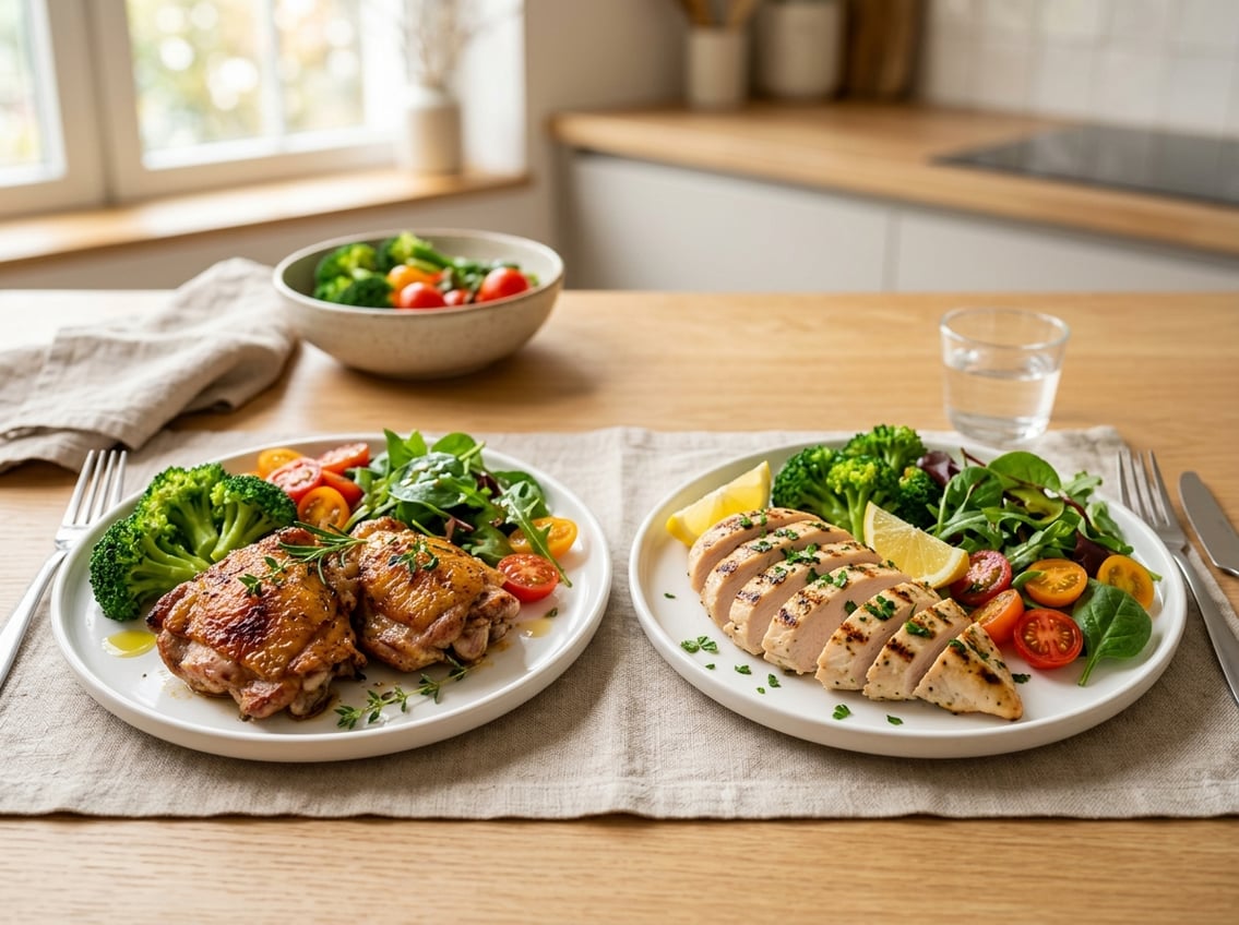 Two plates showing cooked chicken thigh and chicken breast served with fresh vegetables on a clean table.
