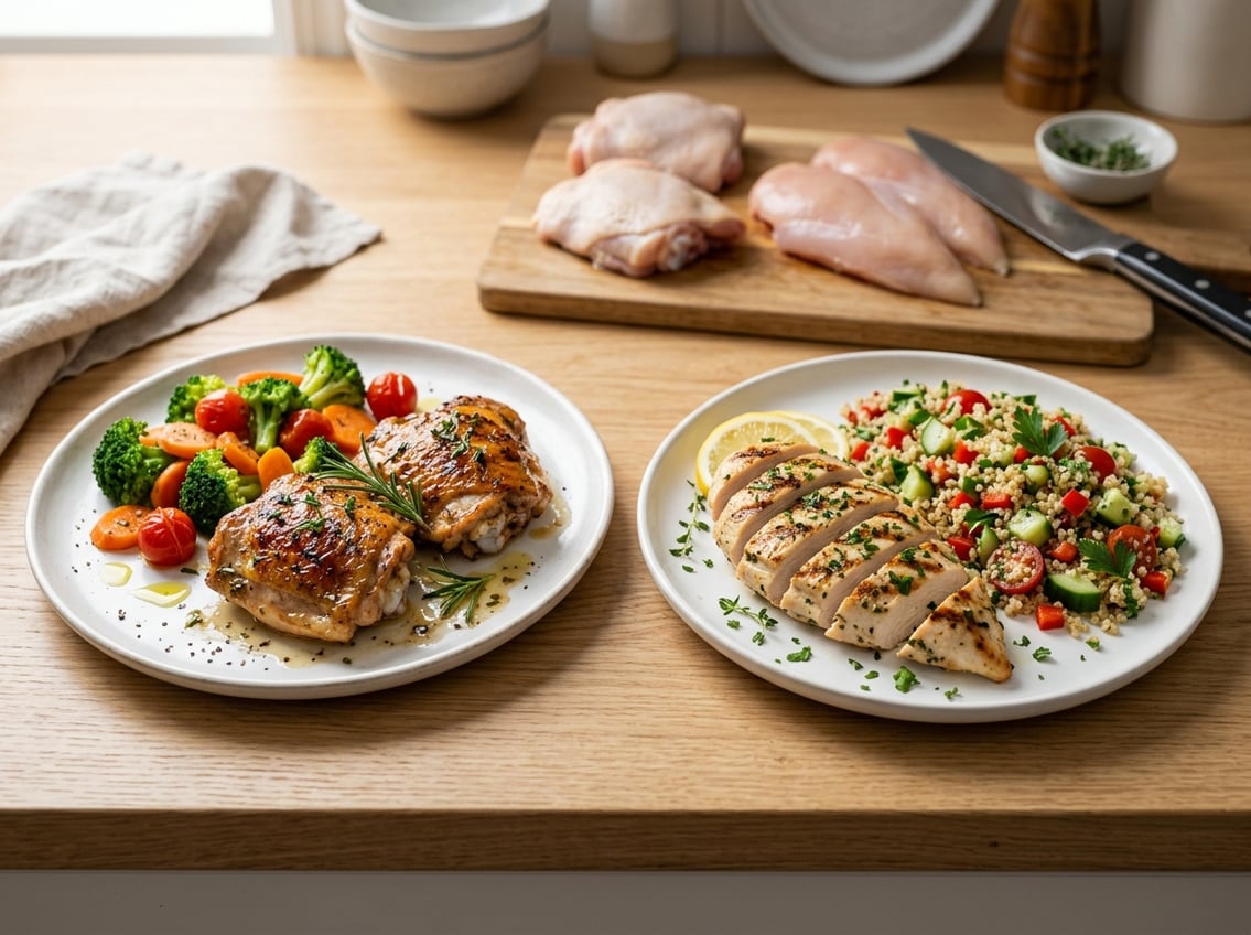 Two plates on a kitchen countertop, one with cooked chicken thighs and vegetables, the other with grilled chicken breasts and quinoa salad, with raw chicken pieces and a knife in the background.