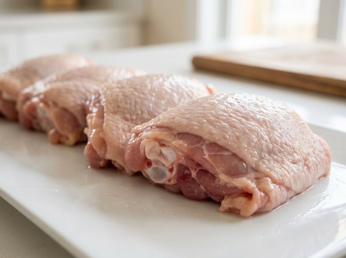 Close-up of raw chicken thighs on a white surface showing texture and color details.