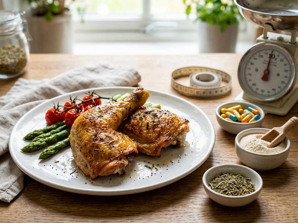 Close-up of cooked chicken thighs on a white plate with small bowls of colorful amino acid capsules and a measuring tape nearby.