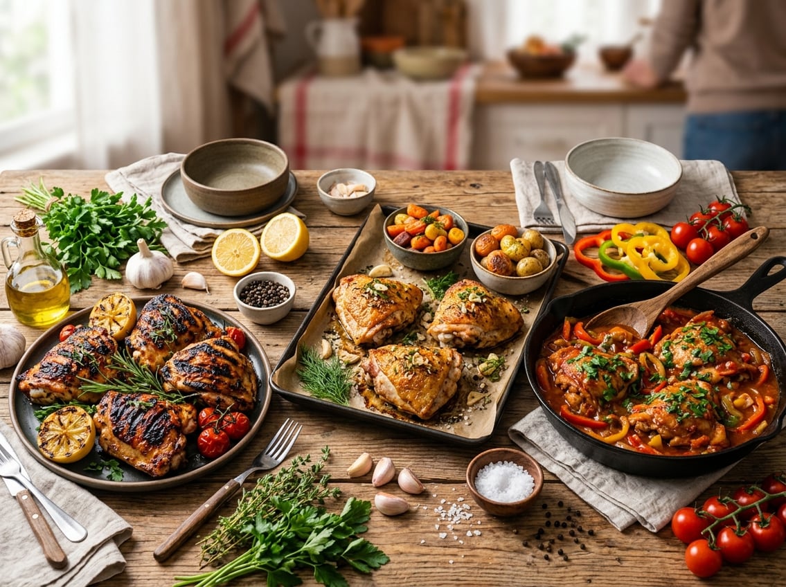 Assorted cooked chicken thigh dishes displayed on a wooden table with fresh herbs and vegetables.