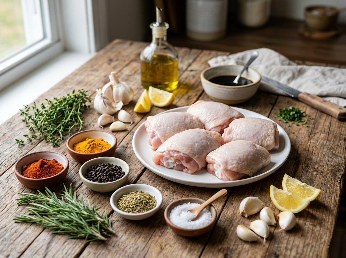 Raw chicken thighs on a plate surrounded by bowls of spices, fresh herbs, lemon wedges, garlic, and bottles of marinade on a wooden table.