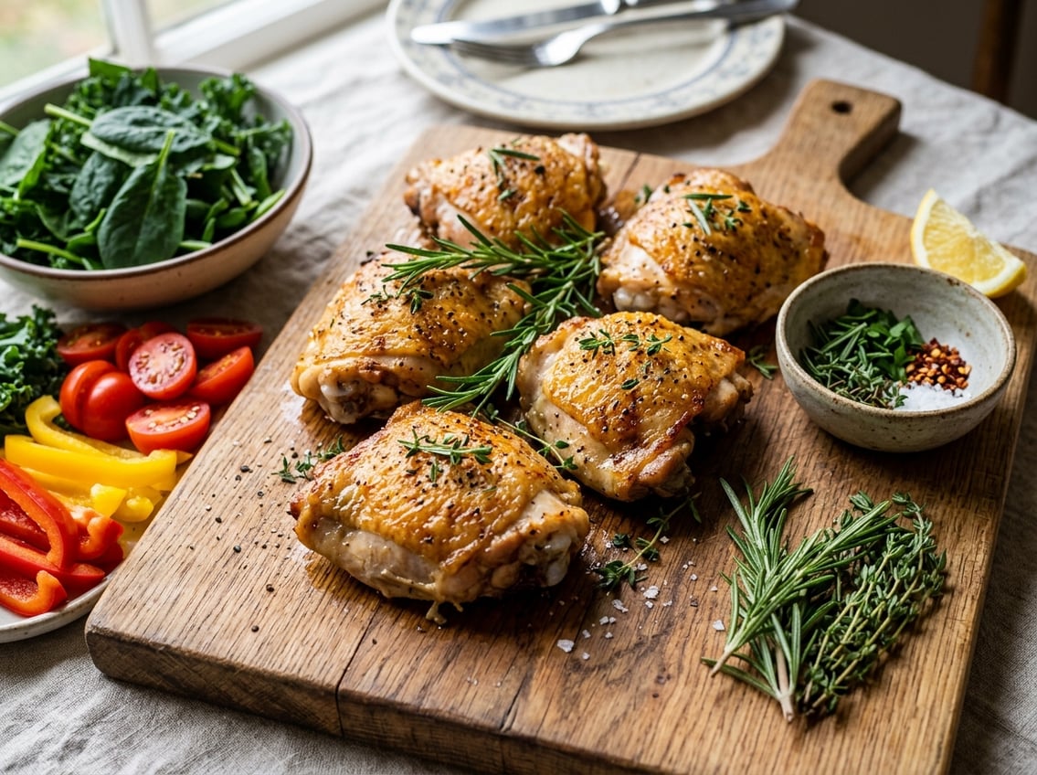 Close-up of cooked chicken thighs on a wooden cutting board surrounded by fresh vegetables and herbs.