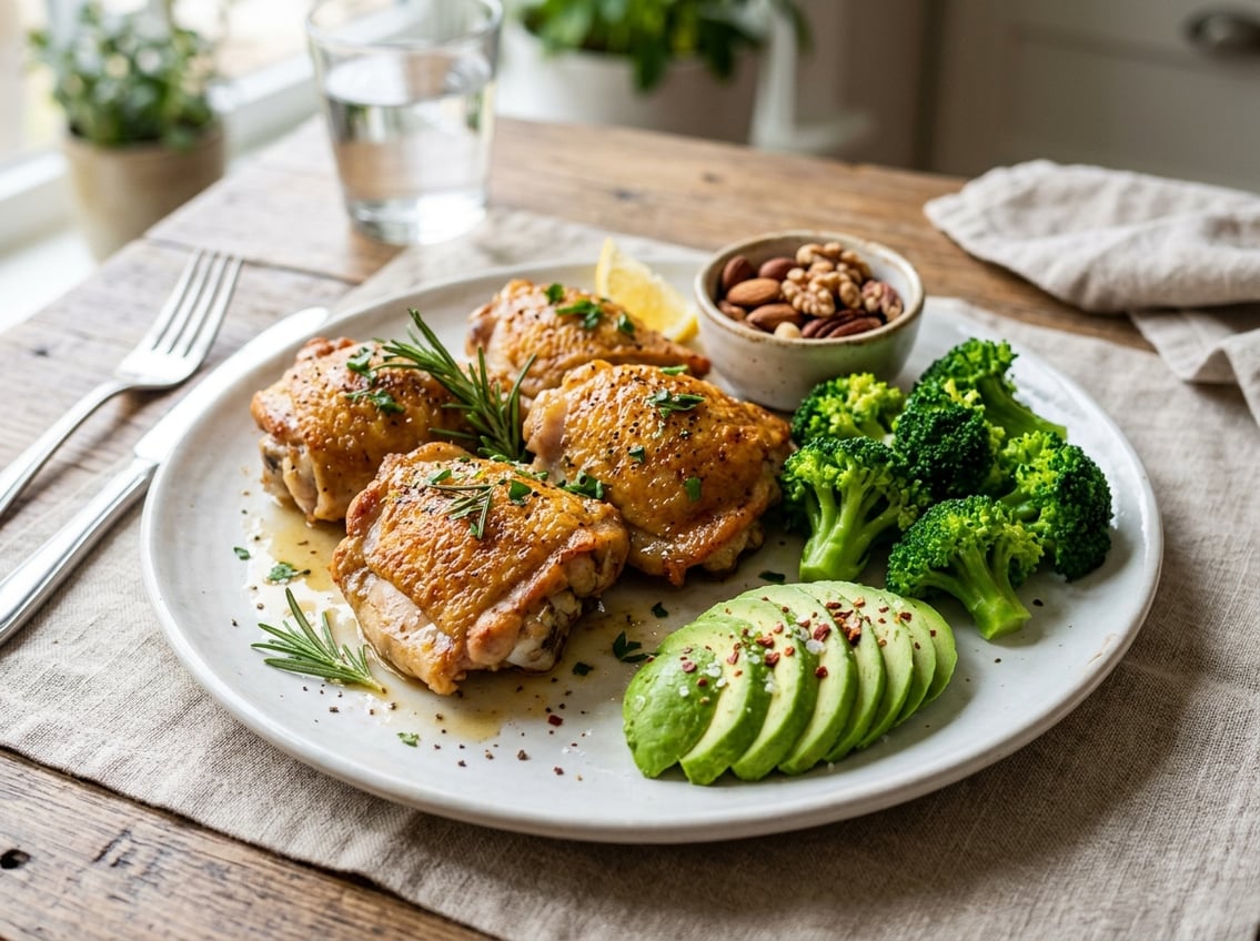 A plate of cooked chicken thighs garnished with fresh herbs, accompanied by broccoli, avocado slices, and a bowl of mixed nuts.